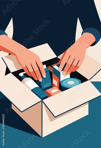 Hands place items into an open cardboard box filled with various packaged goods