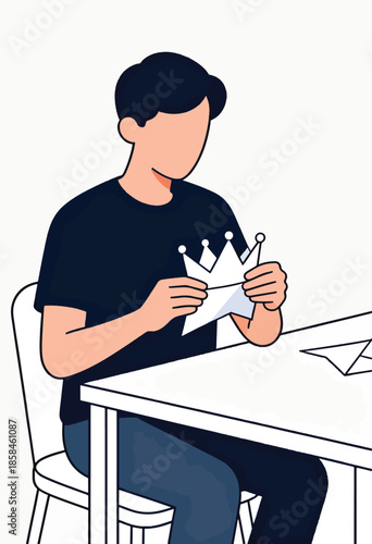 Person folds a paper crown at a table, with another paper airplane nearby