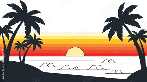 Tropical Palm Trees Silhouetted Against Sunset.