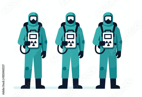Three figures in teal hazmat suits hold white devices with a radiation symbol