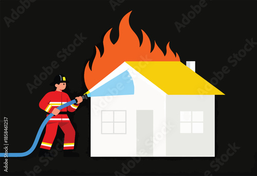 Firefighter extinguishes burning house with water hose on black background