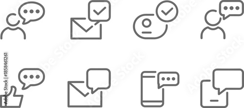 Customer service and communication icon set: support agent chat, email verification, mobile messaging, and social media feedback symbols