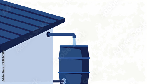 Rainwater harvesting system with a blue barrel collecting water from a roof