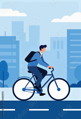 Person riding a bicycle past modern cityscape buildings under a cloudy sky