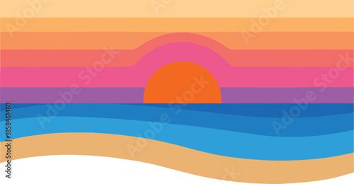Vibrant Sunset Over Ocean Waves Illustration.