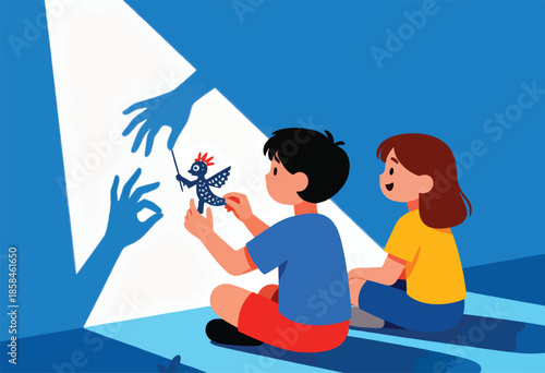 Children create shadow puppets on a wall, enjoying a playful experience
