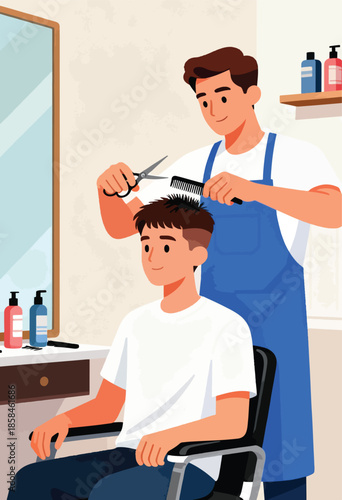 Stylist cutting a young man's hair with scissors and comb in a salon