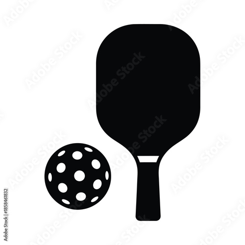 a simple black and white illustration depicts a paddle and a perforated ball signifying the sport of pickleball widely enjoyed by