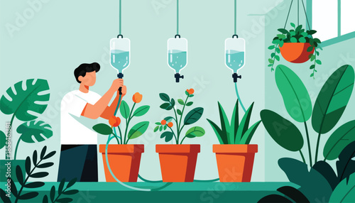 Man tending plants with intravenous drips, surrounded by lush greenery