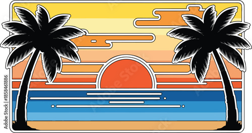 Palm Trees Silhouette at Sunset Scene.