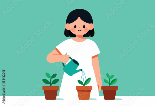 Person watering potted plants against a teal background
