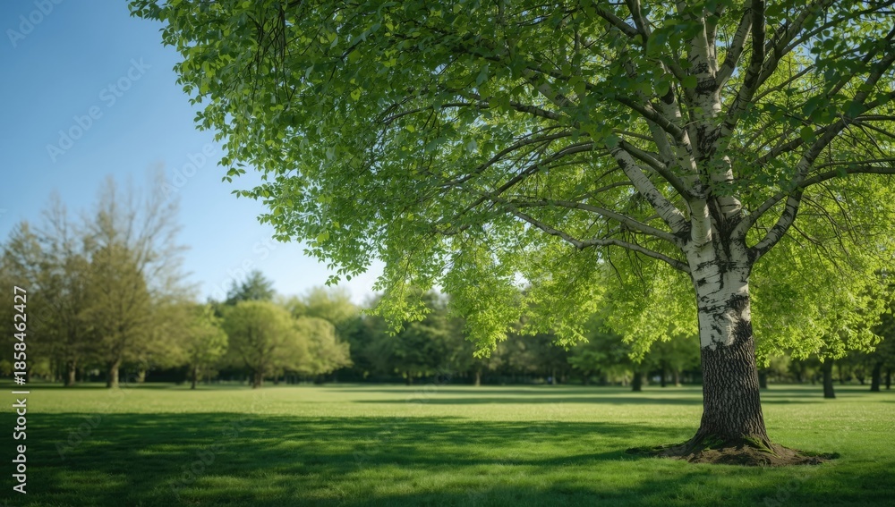 Fototapeta premium Public park tree with lush grass and ample space for layout, highlighting urban nature setting and spring season