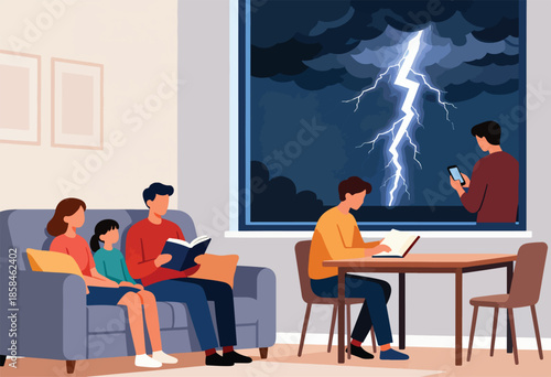 Family inside while a storm rages outside