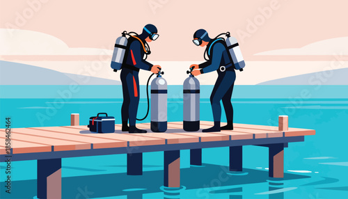 Two divers prepare scuba gear on a wooden pier by the calm sea