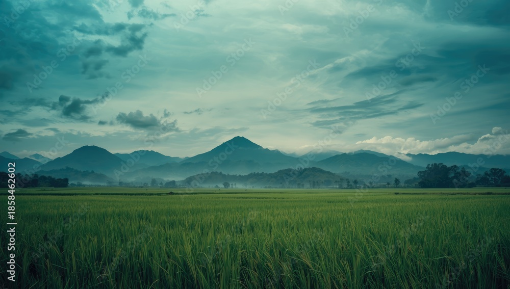 Fototapeta premium Rice field scene with mountain and cloud-filled sky, focusing on natural landscape preservation, retro filter style