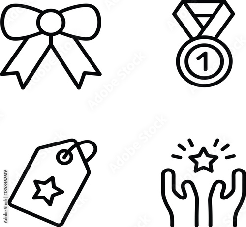 Customer achievement and reward icon set: celebratory bow, first place winner medal, star loyalty tag, and prize symbols