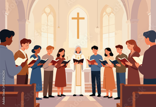 Diverse group singing hymns in a church, led by a clergyman
