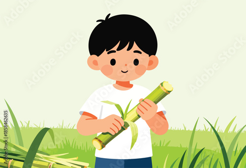 Cheerful child holding a sugarcane stalk in a grassy field