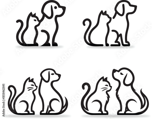 Cat and Dog Friendship Icons Set Black and White