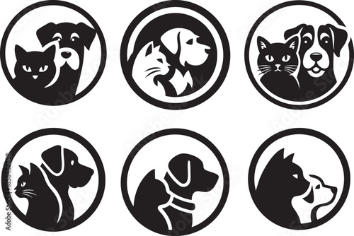 Cat and Dog Silhouette Icons Set in Circles