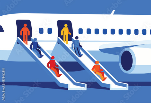 Stylized passengers disembarking an aircraft via evacuation slides