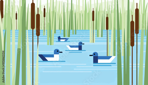Four blue and white ducks glide peacefully through a serene marsh with tall reeds and cattails
