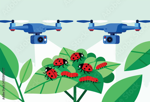 Two drones monitor ladybugs and larvae on leaves