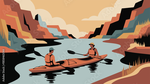 Two kayakers paddle through a serene canyon landscape under a soft, cloudy sky