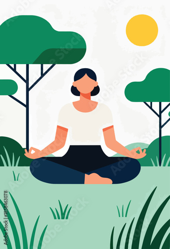 Figure meditates peacefully amidst nature's serene green embrace under a bright sun