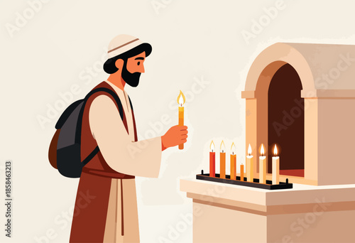 Bearded man with hat lighting candles near an archway