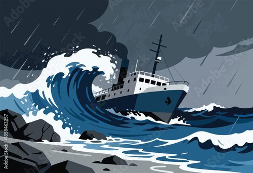 Ship battling a giant wave and stormy seas near rocky shore