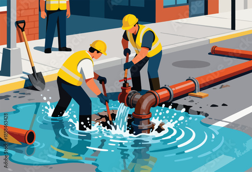 Workers repair a street pipe with water gushing out onto the road
