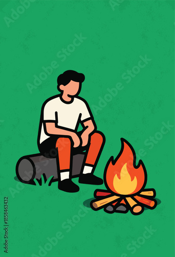 Person sitting on log by campfire