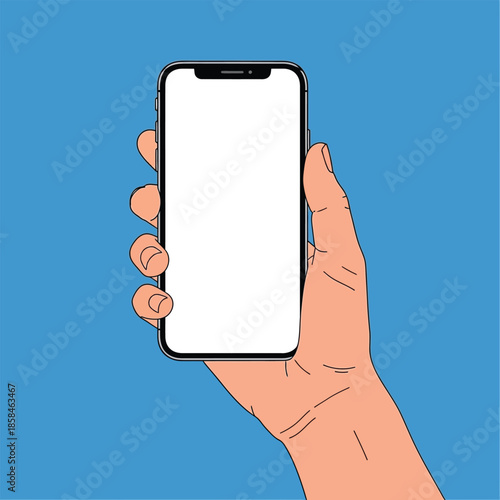 a stylized illustration depicts a hand firmly grasping a modern smartphone with a blank white screen against a vibrant blue backdrop