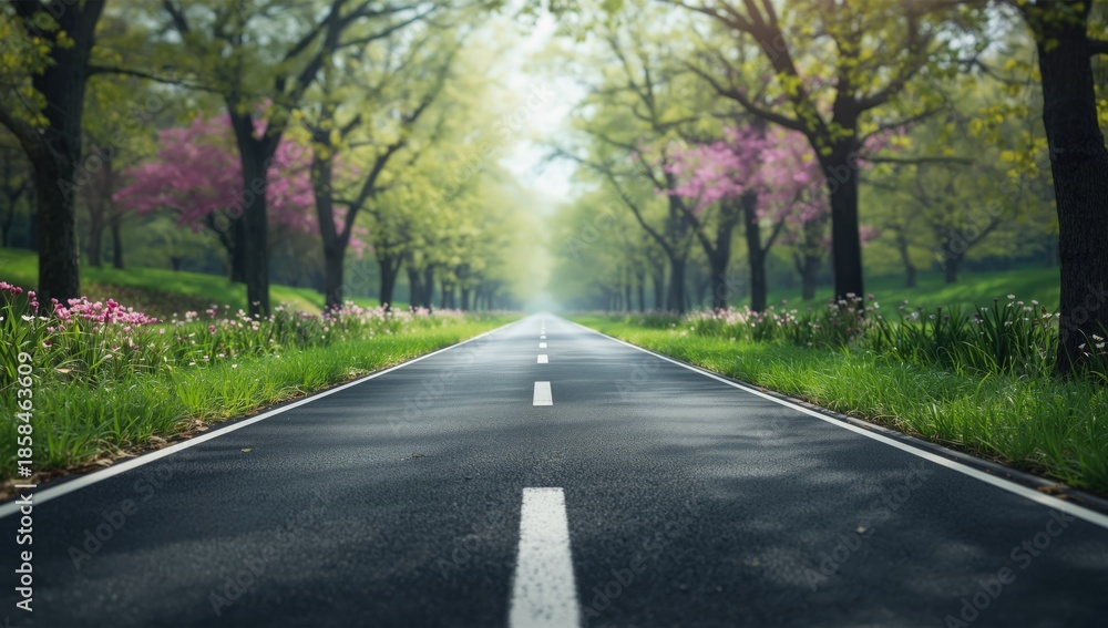 Fototapeta premium Paved pathway through a park in spring, used for editorial header backgrounds