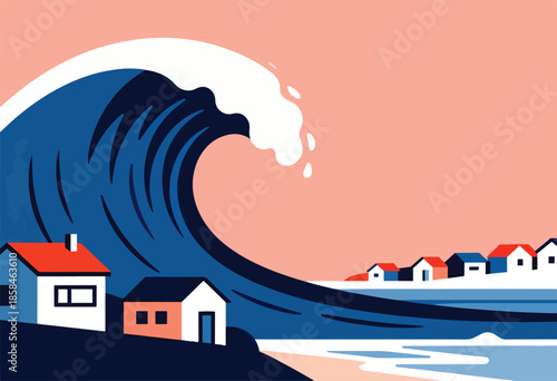 Towering ocean wave engulfs minimalist coastal village under a peach sky