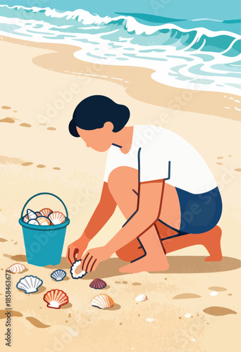 Person collecting seashells on a sandy beach with waves in the background