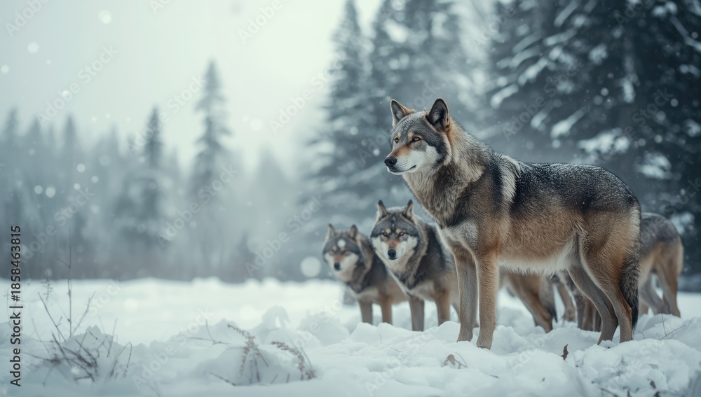 Naklejka premium Wolf pack in winter forest, focused on teamwork amidst snowy terrain