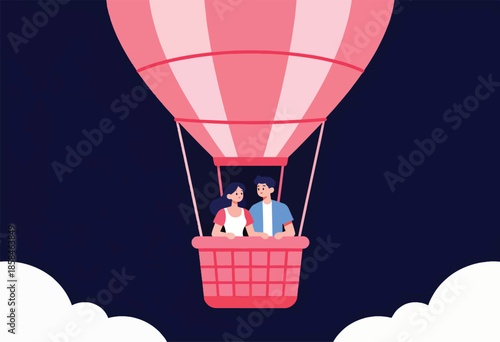 A couple enjoys a hot air balloon ride above fluffy clouds at night