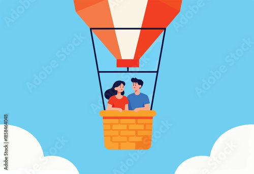 A couple enjoys a hot air balloon ride against a bright blue sky