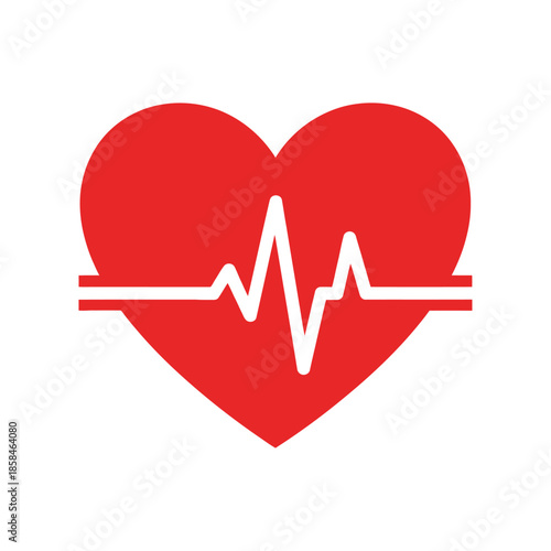 A vibrant red heart symbol containing a white electrocardiogram line representing health cardiology and vital signs is prominently displayed against a
