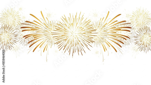 Golden Fireworks Border on White Background, New Year Festive Celebration Burst Illustration, Holiday Pyrotechnic Decorative Design