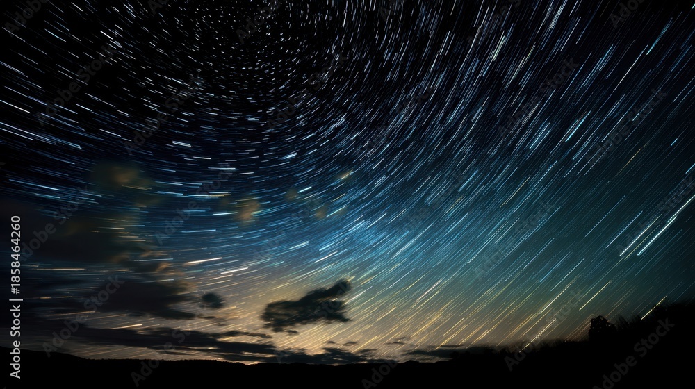 Obraz premium Stars make circular trails in the night sky over a dark landscape. Clouds are visible and the colors shift from deep blue to black as night falls.