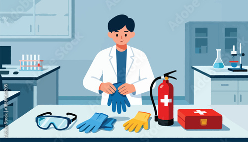 Scientist putting on protective gloves in a laboratory with safety equipment