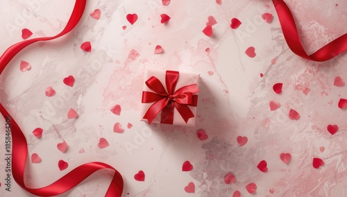 Marble background featuring a gift box with ribbons for Valentine's Day, suitable for greeting card design, space for message