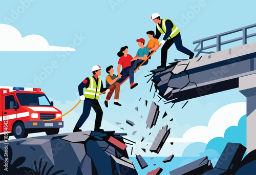 Rescuers aid victims from a collapsed bridge, with a rescue vehicle nearby