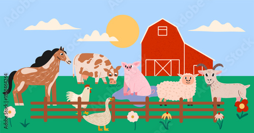Rural farm scene. Flat vector collection with friendly domestic animals. Livestok - horse and cow, pig and hen, goose and sheep. A classic red barn stands under a sunny blue sky with soft clouds.