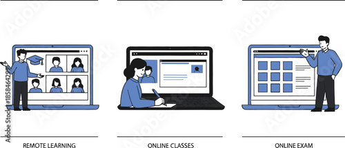 Digital education vector set featuring remote learning online classes and virtual exams with students using laptops and technology