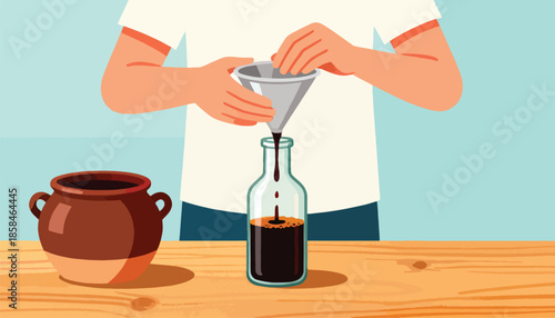 Hands carefully pour dark liquid from a jar into a bottle using a funnel