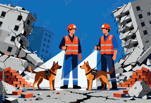 Rescue workers and dogs search debris of collapsed buildings under a blue sky